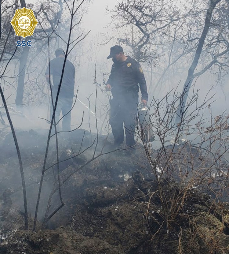 Policías de la SSC colaboran con los cuerpos de emergencia para sofocar el incendio de pastizal en una reserva ecológica en la alcaldía Tlalpan