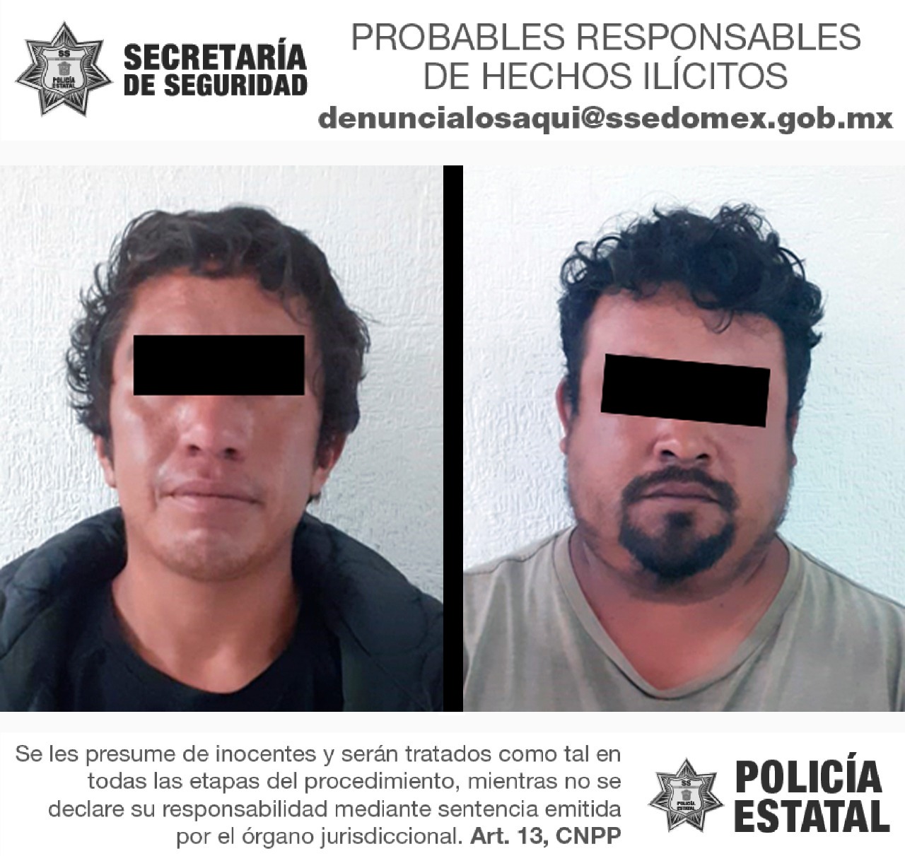 Secretaría de Seguridad del Estado de México detiene a dos probables responsables en el delito de portación de arma de fuego